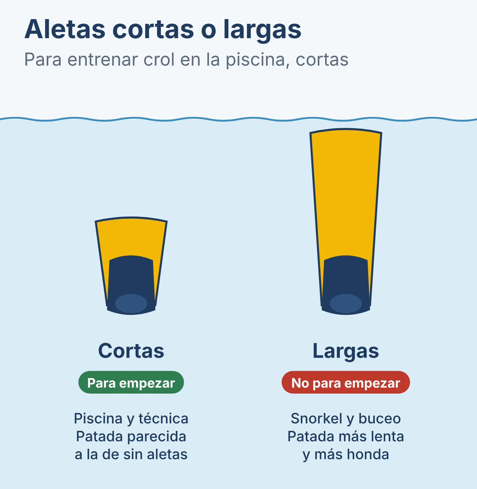 Comparación de aletas cortas, para piscina y técnica, y aletas largas, para snorkel y buceo.