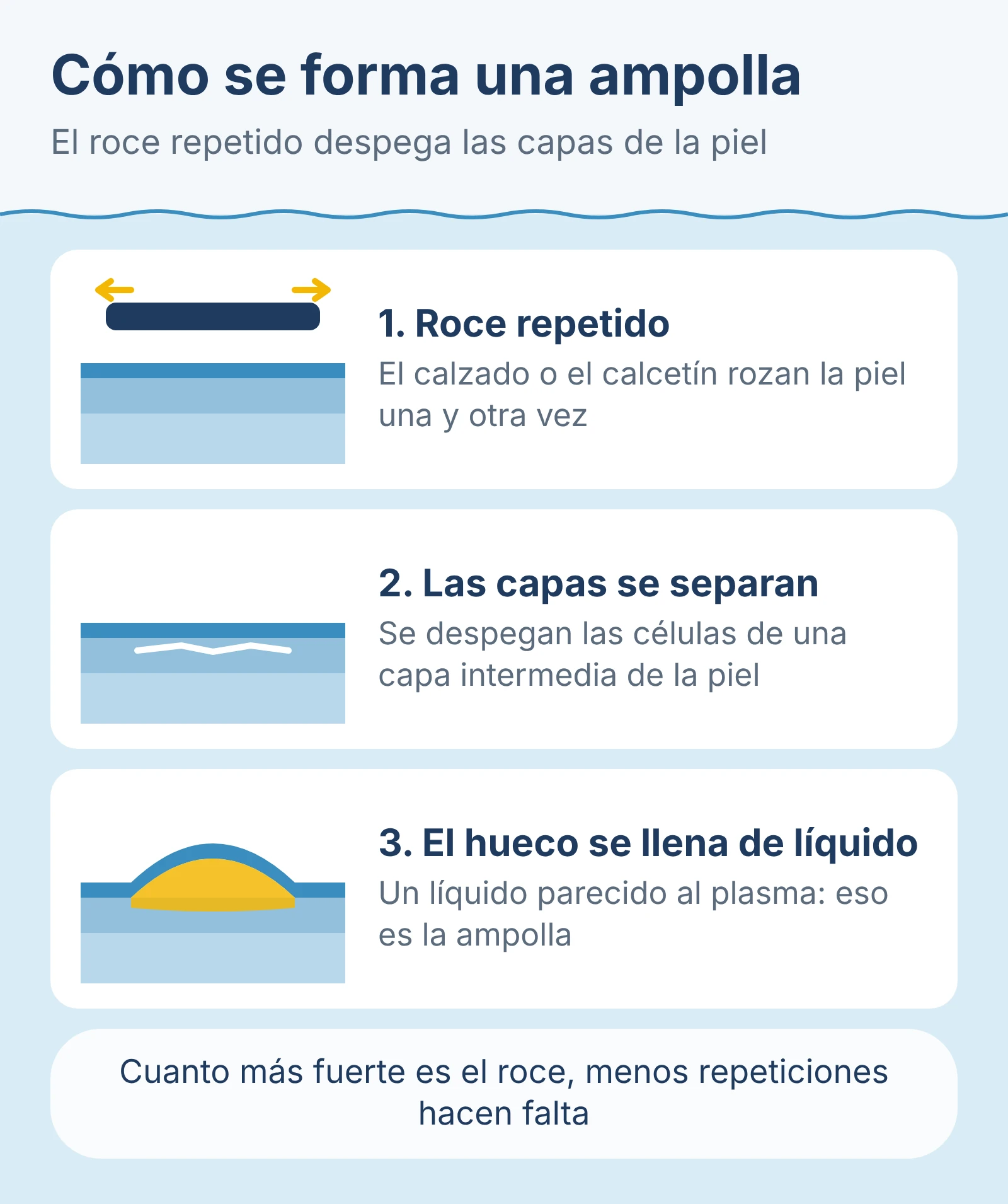 Diagrama: cómo se forma una ampolla. 1, roce repetido; 2, las capas de la piel se separan; 3, el hueco se llena de líquido.