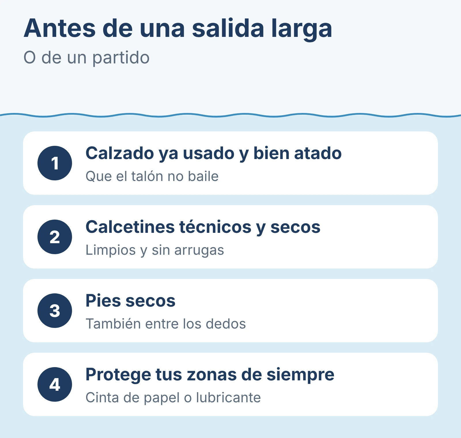 Rutina antes de una salida larga o un partido: calzado ya usado y bien atado, calcetines técnicos y secos, pies secos y proteger las zonas de siempre.
