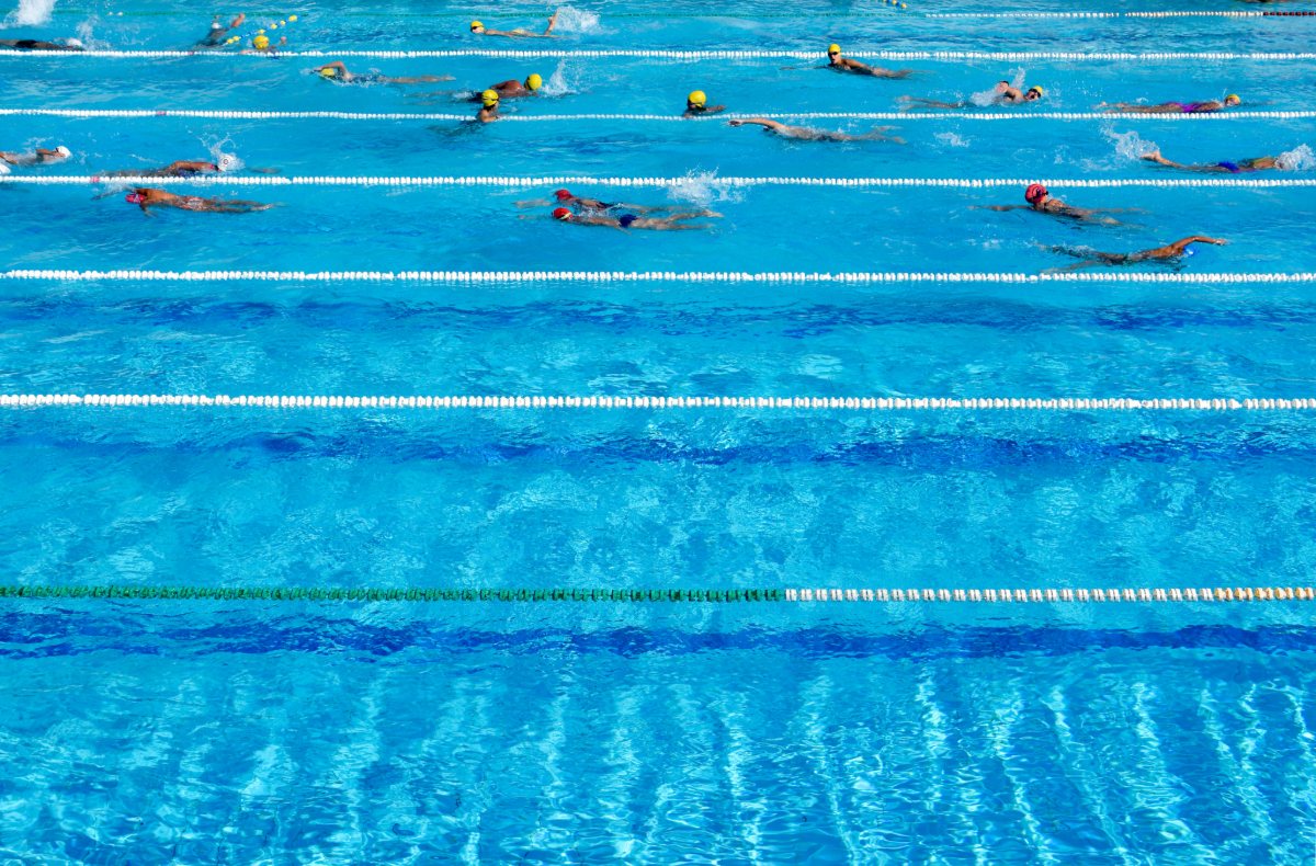 Nadadores entrenando en las calles de una piscina al aire libre.