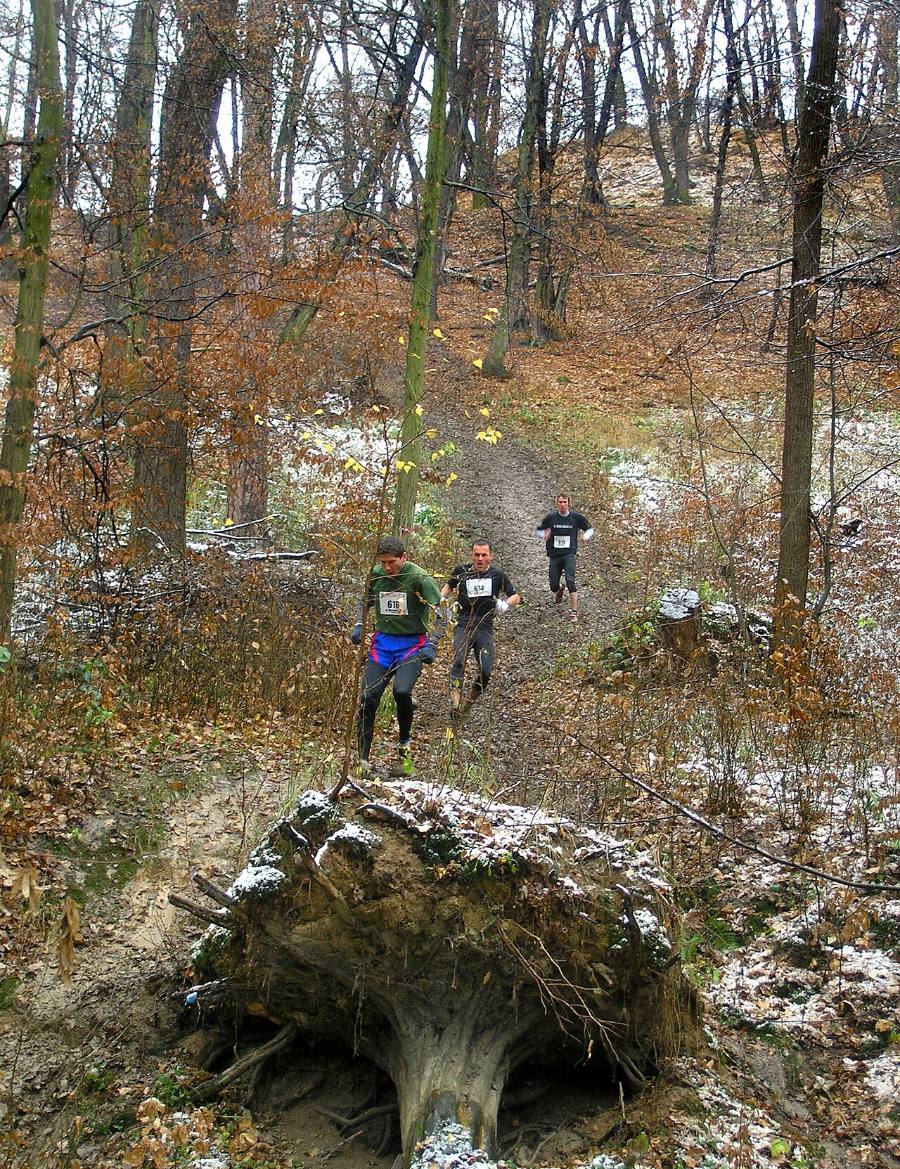 Corredores en una cuesta de tierra en un bosque, durante una carrera.