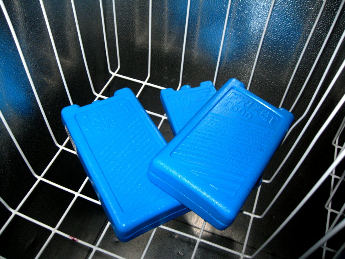 Dos bolsas de frío reutilizables de color azul en la cesta de un congelador.