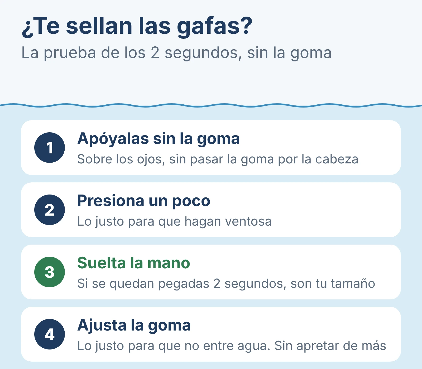La prueba para saber si sellan las gafas: apóyalas sin la goma, presiona un poco, suelta y, si se quedan pegadas 2 segundos, son tu tamaño; después ajusta la goma sin apretar.