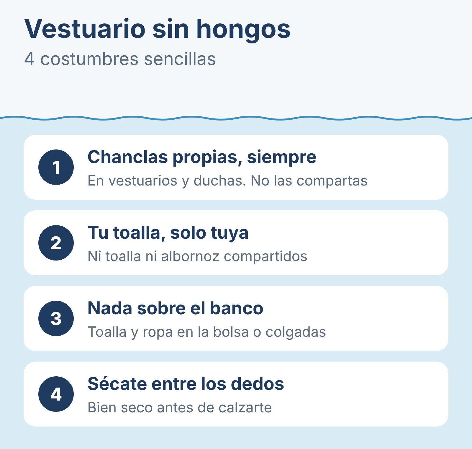 Cuatro costumbres para evitar hongos en el vestuario: chanclas propias, no compartir toalla, nada sobre el banco y secarse entre los dedos.