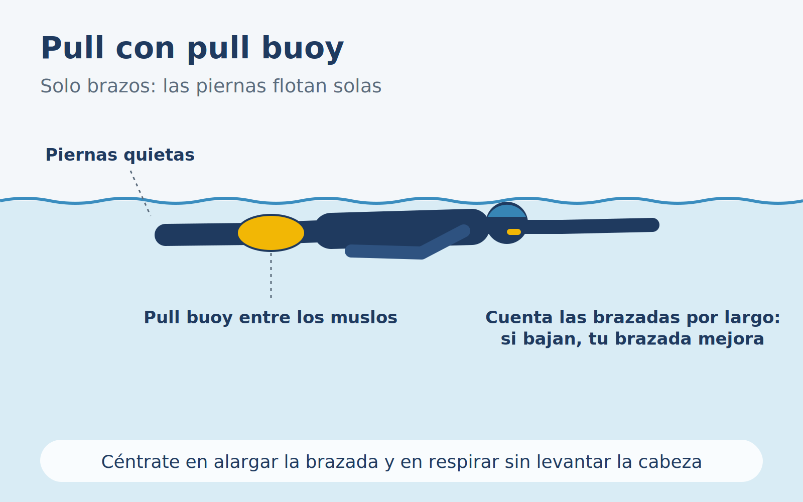 Diagrama del ejercicio de pull con el pull buoy entre los muslos.