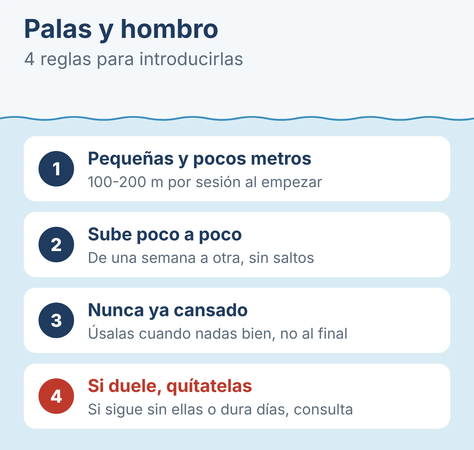 Las 4 reglas para introducir las palas: pequeñas y pocos metros, subir poco a poco, no usarlas ya cansado y quitártelas si duele el hombro.